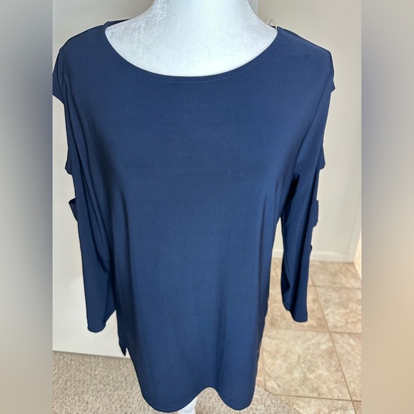 Anne Klein Navy Cold Shoulder 3/4 Sleeve Slinky Stretchy Blouse Sz L - Picture 1 of 9